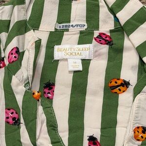 Beautysleep Social Green and White Striped Shirt with Ladybug Print